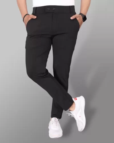 Men Slim Fit Black Lycra Blend Trousers.