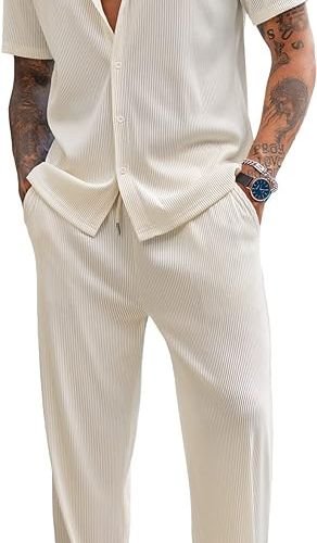 Men’s 2 Piece Outfit Casual Short Sleeve Button Down Shirt Beach Summer Loose Pant Sets.