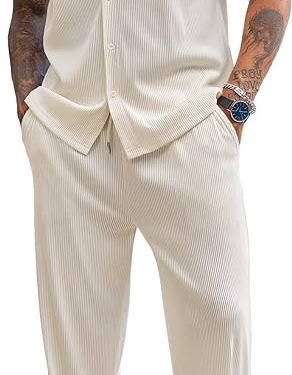 Men’s 2 Piece Outfit Casual Short Sleeve Button Down Shirt Beach Summer Loose Pant Sets.